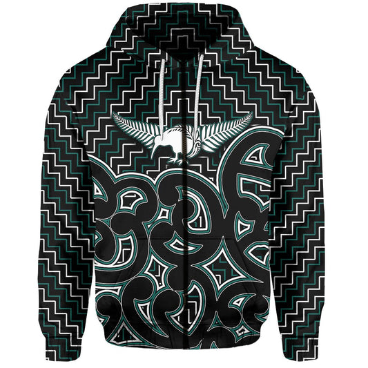 New Zealand Zip Hoodie Maori Graphic Tee patterns Green