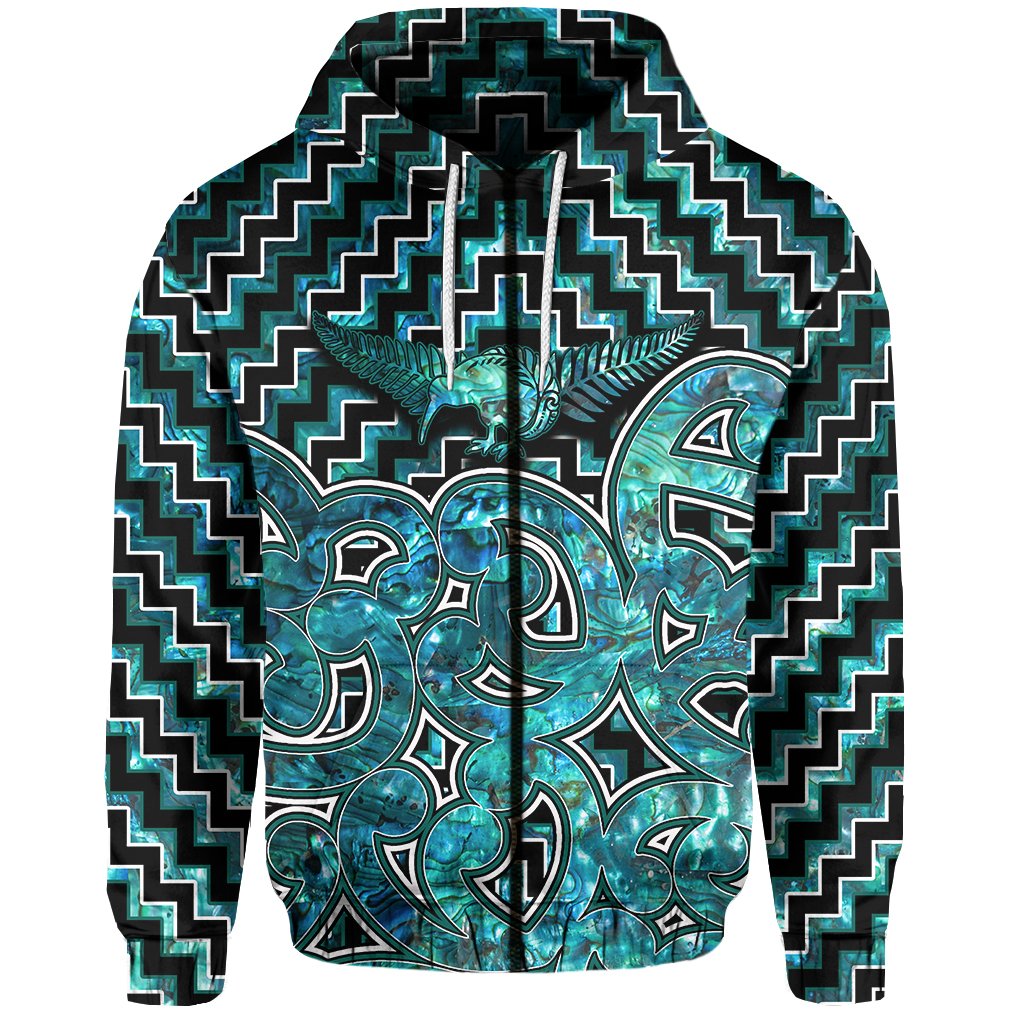 New Zealand Zip Hoodie Maori Graphic Tee patterns Paua Shell