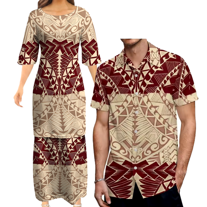 Polynesian Printed Couple Matching Outfit Polynesian Tribal Women's Puletasi Dress Men's Shirt