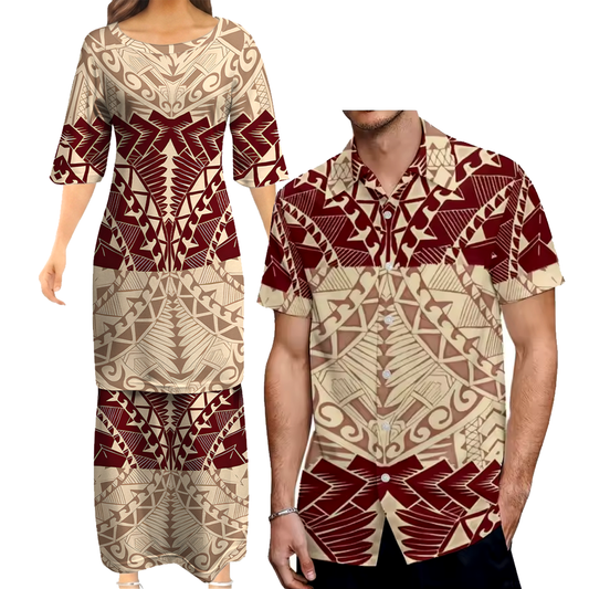 Polynesian Printed Couple Matching Outfit Polynesian Tribal Women's Puletasi Dress Men's Shirt