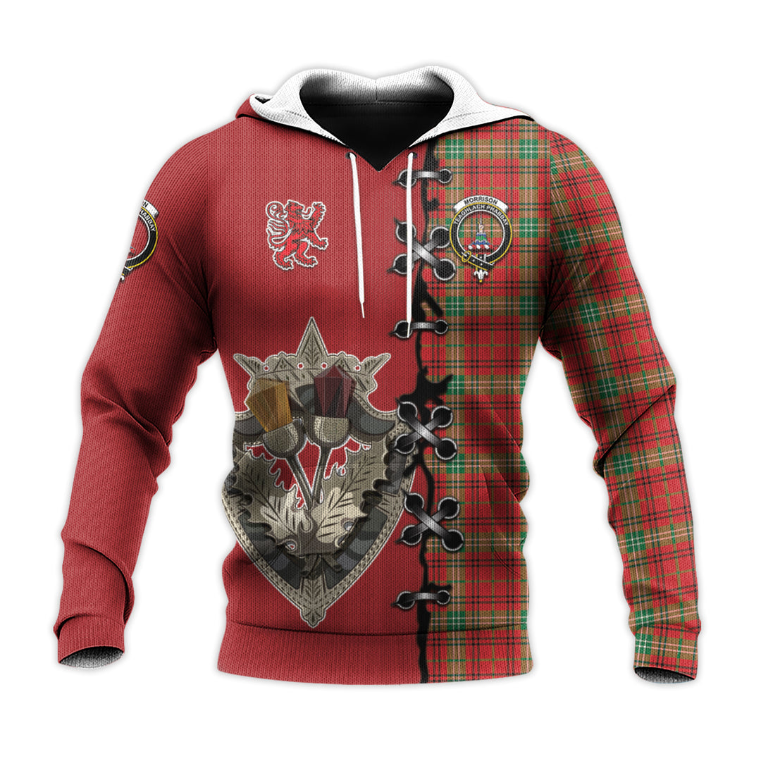 Printivon Morrison Red Modern Tartan Hoodie Lion Rampant And Celtic Thistle Style