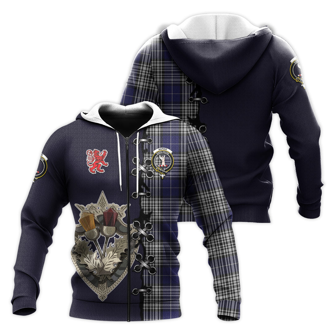 Printivon Napier Tartan Hoodie Lion Rampant And Celtic Thistle Style