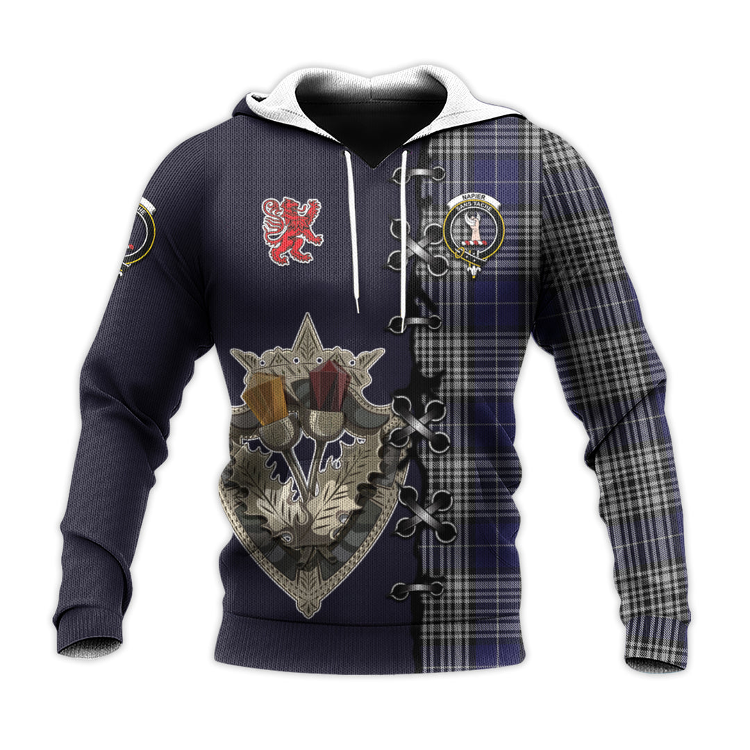 Printivon Napier Tartan Hoodie Lion Rampant And Celtic Thistle Style