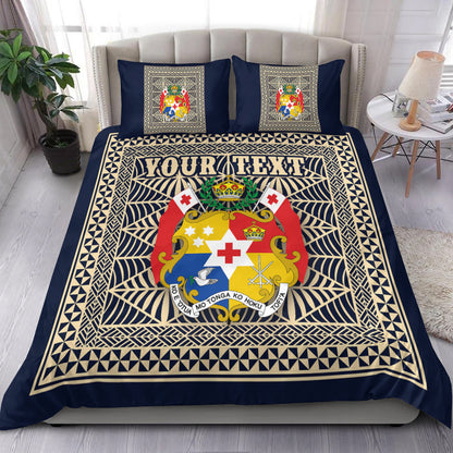 (Custom Personalised) Tonga Pattern Bedding Set Coat of Arms Navy and Beige
