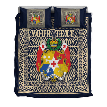 (Custom Personalised) Tonga Pattern Bedding Set Coat of Arms Navy and Beige