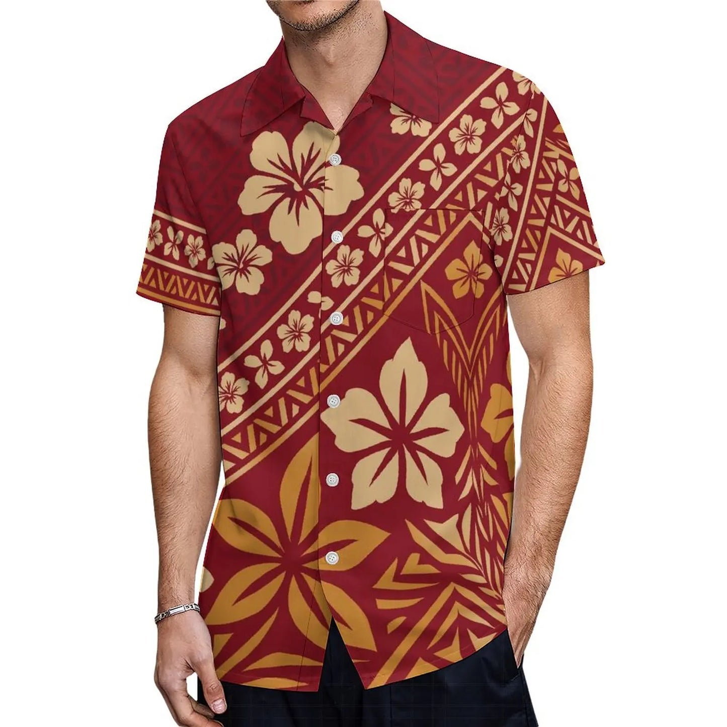 Polynesian Tribal Flowers Red Tropical Couples Matching Outfit Fishtail Skirt Dress And Shirt For Her Him
