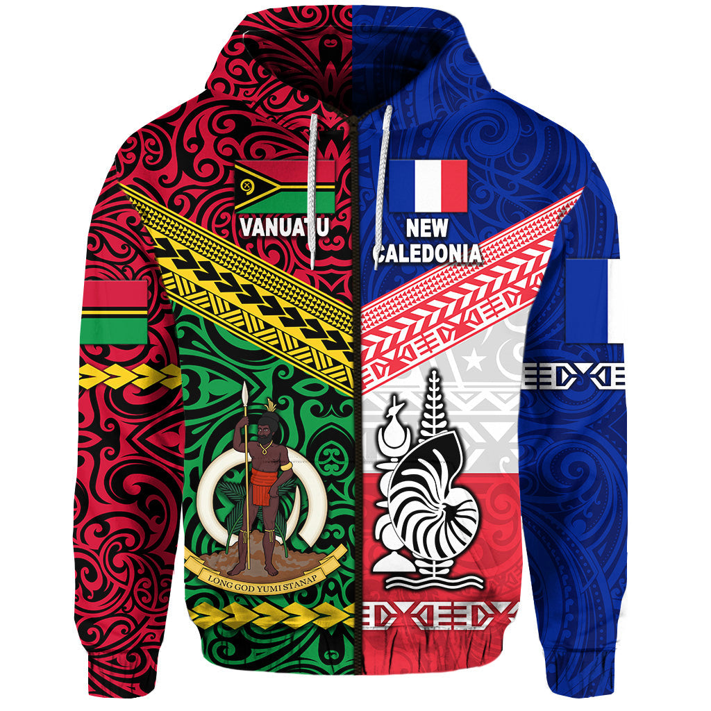 Vanuatu And New Caledonia Flag Style Zip Hoodie Together