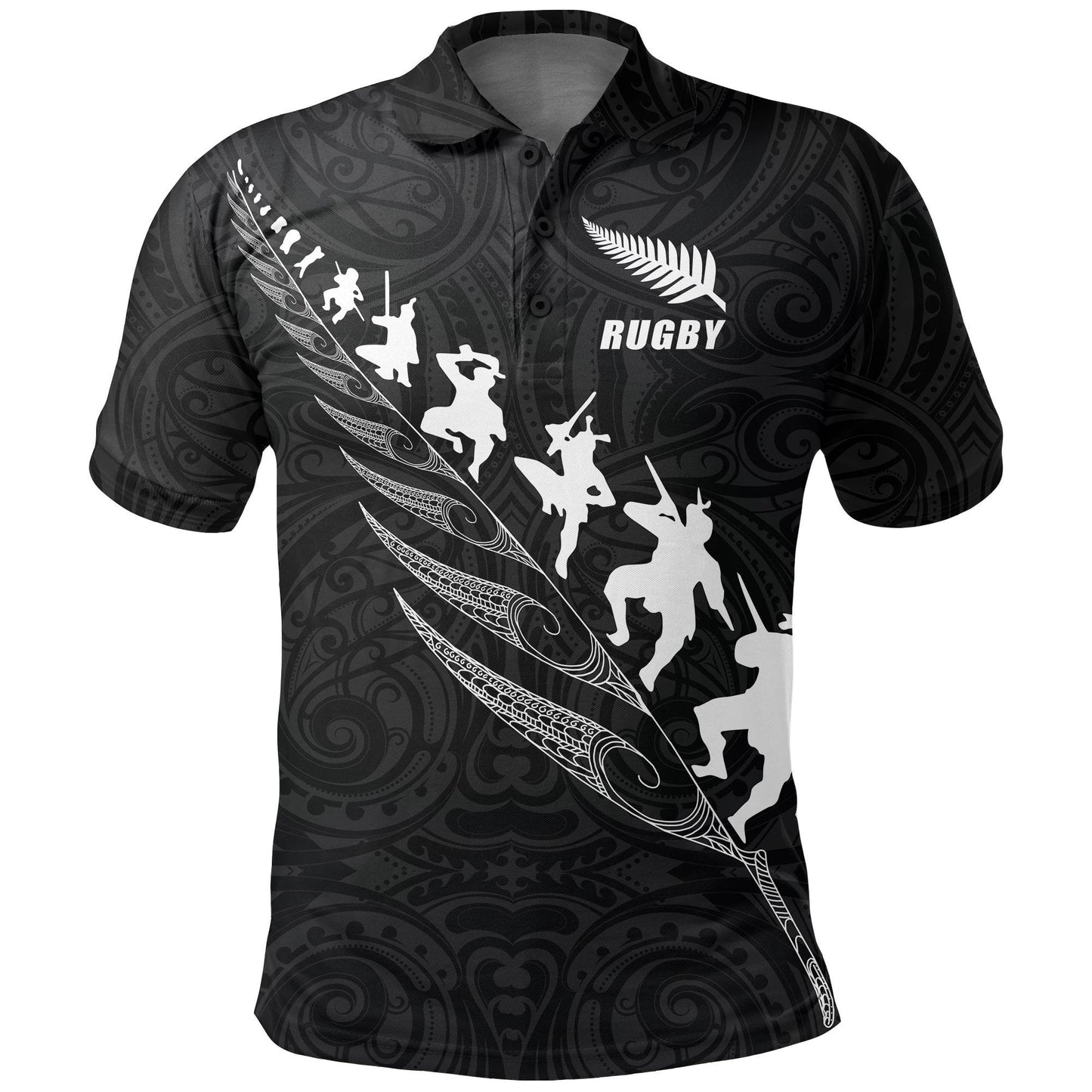 New Zealand Rugby Haka Fern Polo Shirt Maori Black
