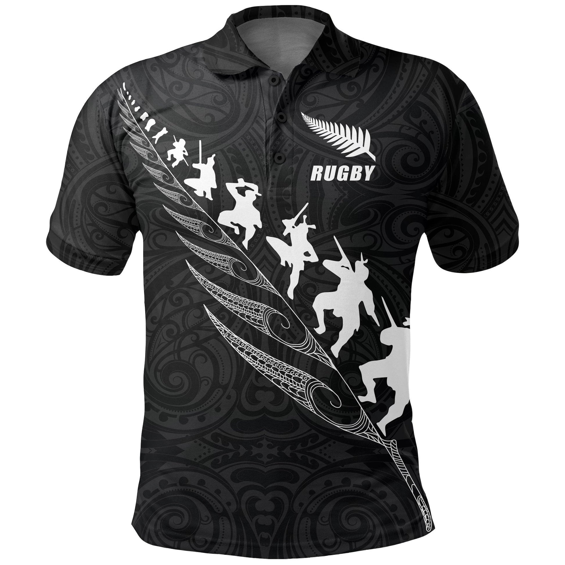 New Zealand Rugby Haka Fern Polo Shirt Maori Black