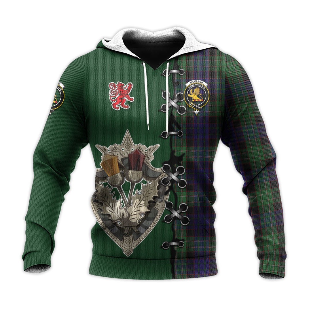 Printivon Nicolson Green Hunting Tartan Hoodie Lion Rampant And Celtic Thistle Style