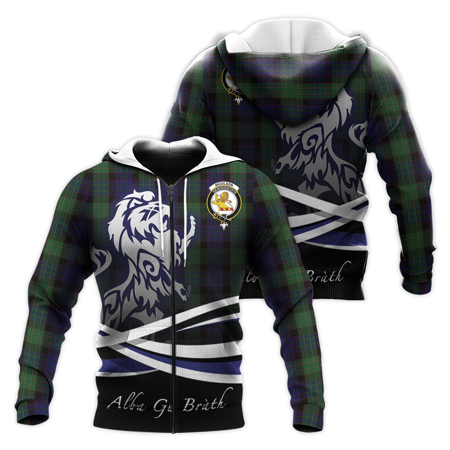Printivon Nicolson Green Hunting Tartan Scottish Lion Hoodie