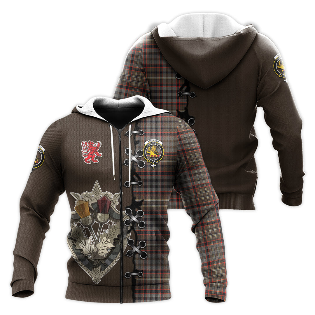 Printivon Nicolson Hunting Weathered Tartan Hoodie Lion Rampant And Celtic Thistle Style