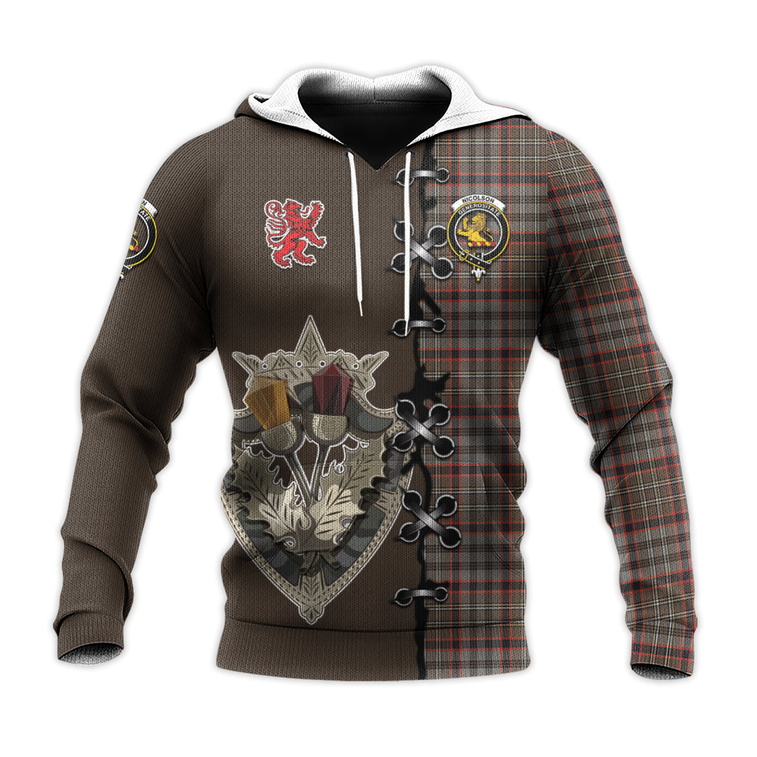 Printivon Nicolson Hunting Weathered Tartan Hoodie Lion Rampant And Celtic Thistle Style