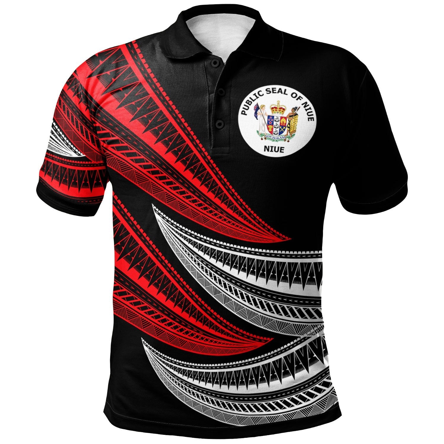Niue Custom Personalised Polo Shirt - Wave Pattern Alternating Red Color