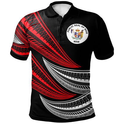 Niue Custom Personalised Polo Shirt - Wave Pattern Alternating Red Color