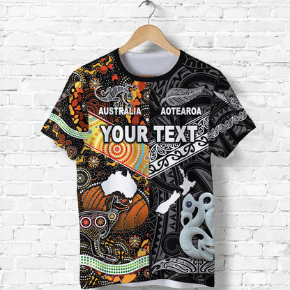 Custom Personalised New Zealand Maori Aotearoa And Australia Aboriginal T Shirt Together - Black