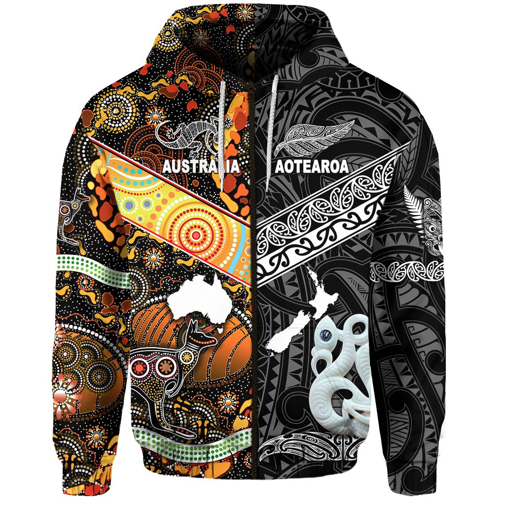 New Zealand Maori Aotearoa And Australia Aboriginal Zip Hoodie Together Black