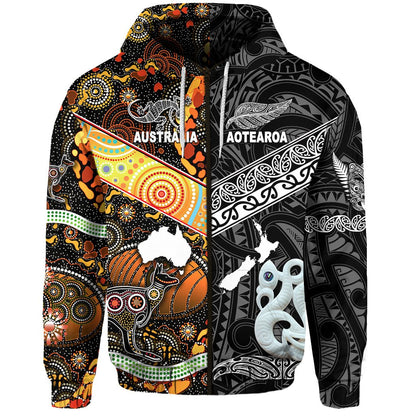 New Zealand Maori Aotearoa And Australia Aboriginal Zip Hoodie Together Black