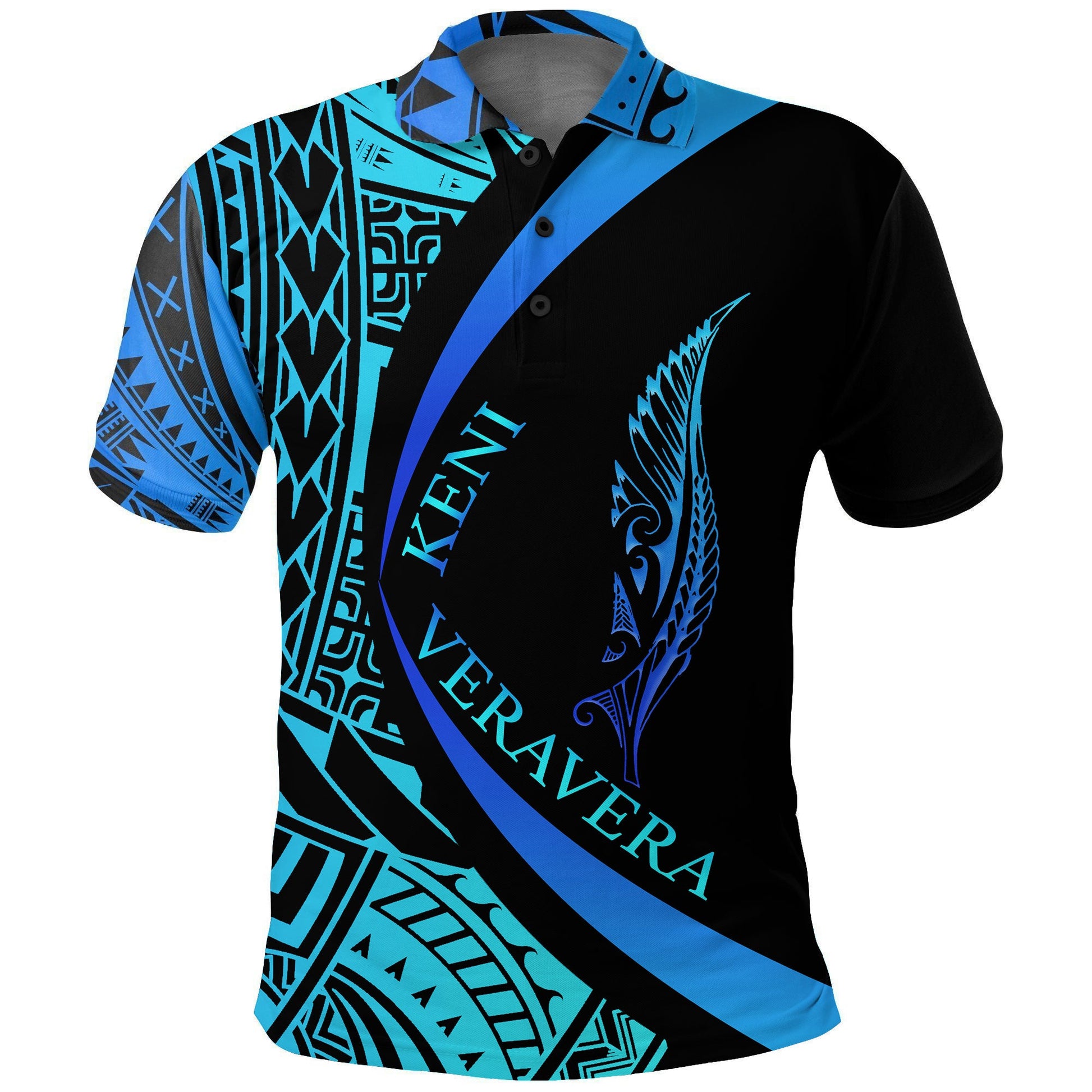 Keni Veravera New Zealand Silver Fern Polo Shirt Maori Tattoo Circle Style - Blue