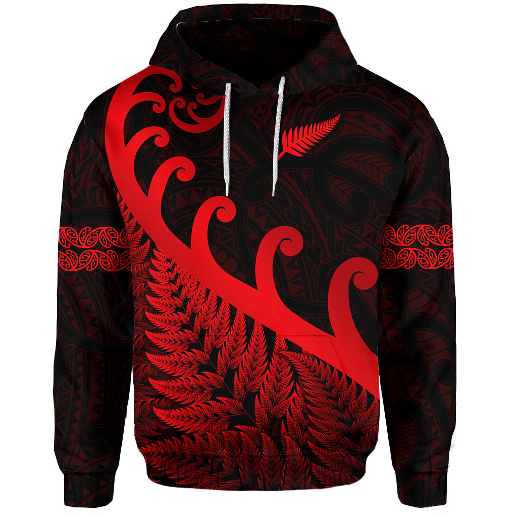 ( Personalised) New Zealand Rugby Maori Hoodie Silver Fern Koru Vibes Red