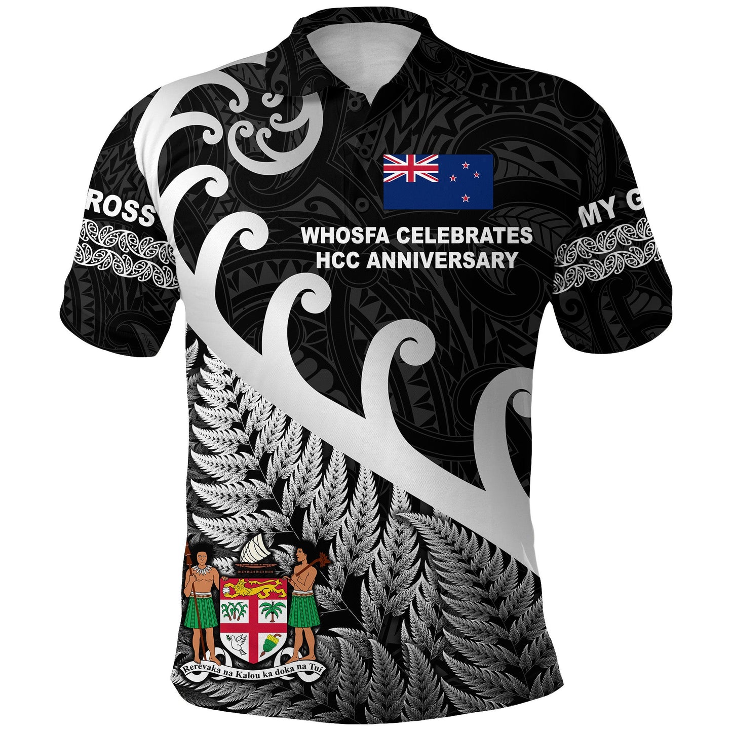 Whosfa Celebrates HCC Anniversary Fiji New Zealand Maori Polo Shirt Silver Fern Koru Vibes - Black