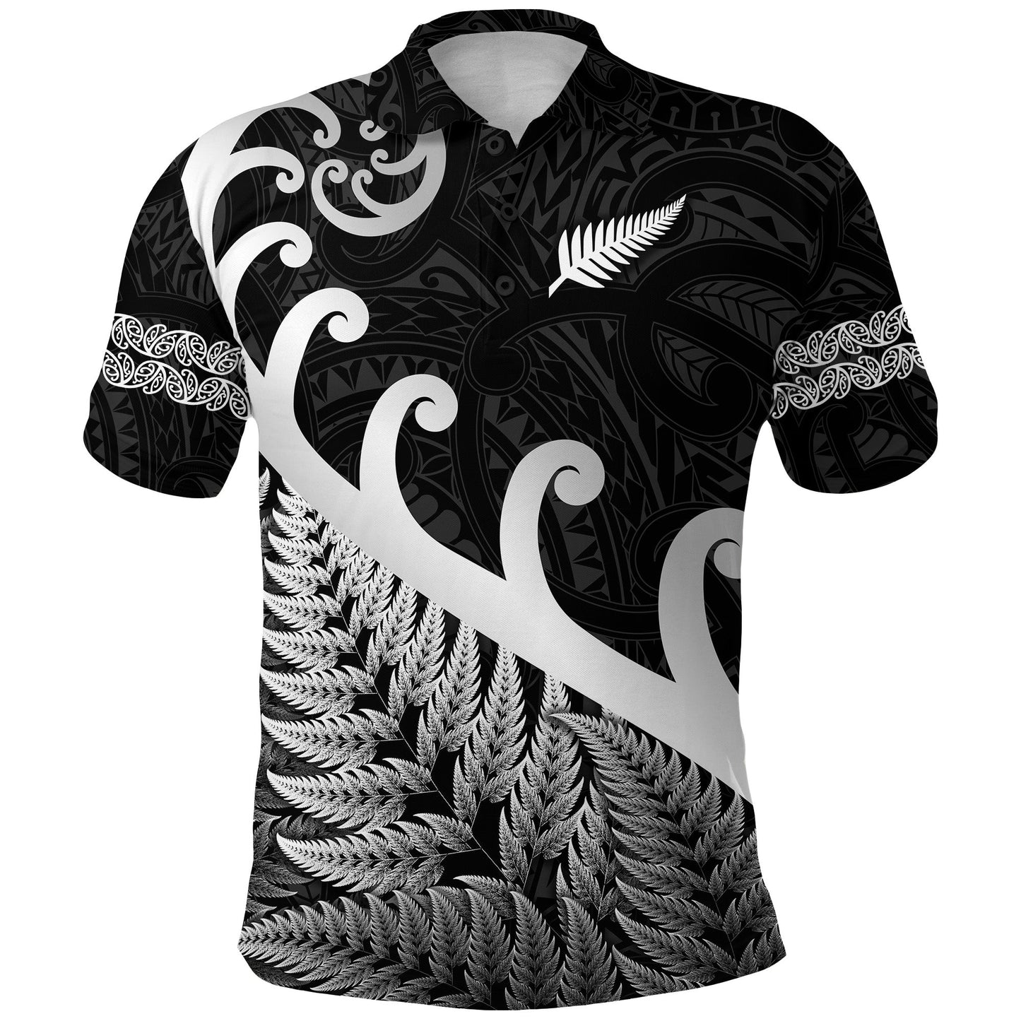 New Zealand Rugby Maori Polo Shirt Silver Fern Koru Vibes - Black