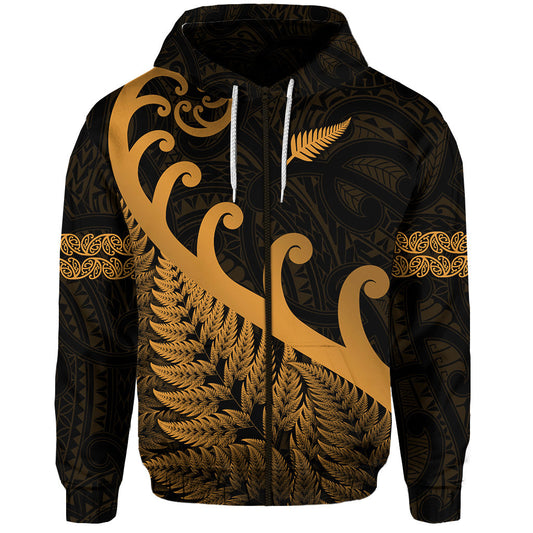 New Zealand Rugby Maori Zip Hoodie Silver Fern Koru Vibes Gold