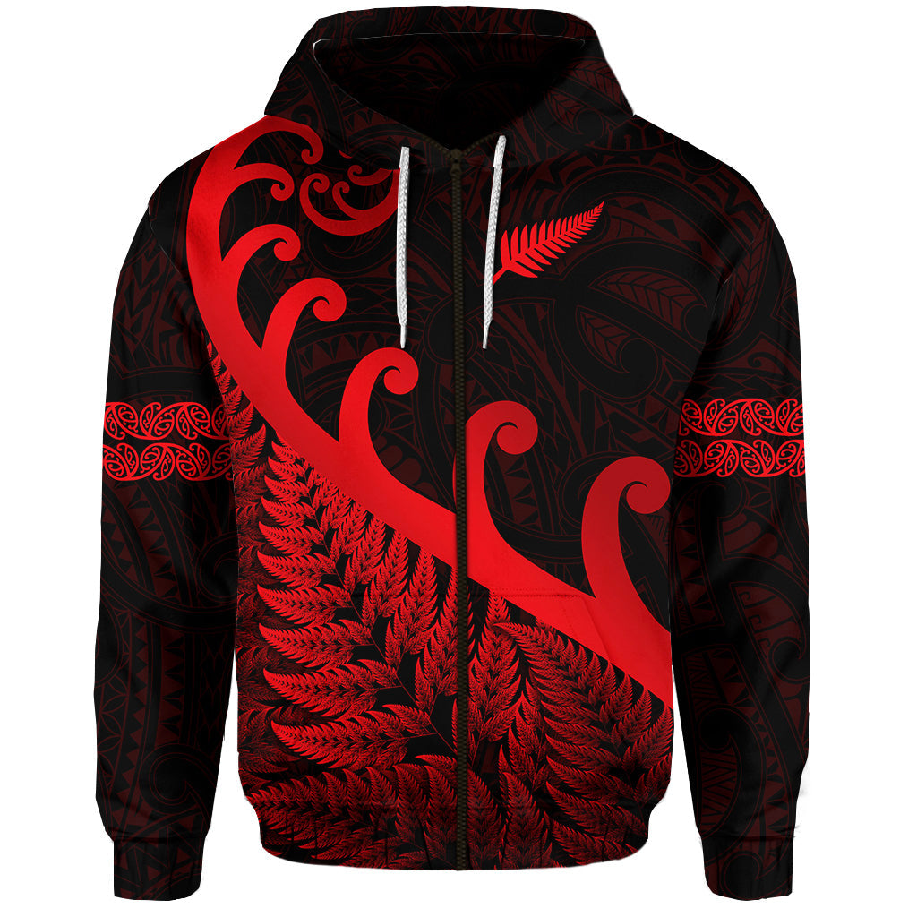 ( Personalised) New Zealand Rugby Maori Zip Hoodie Silver Fern Koru Vibes Red