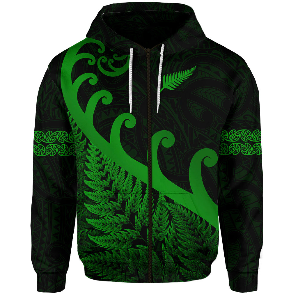 New Zealand Rugby Maori Zip Hoodie Silver Fern Koru Vibes Green