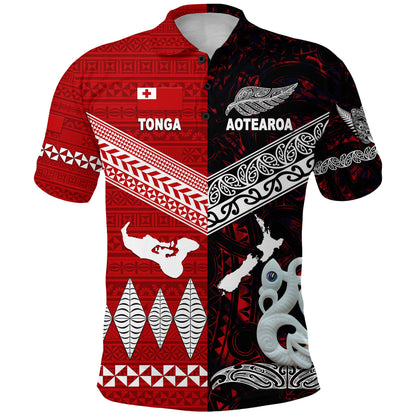 Custom Personalised New Zealand Maori Aotearoa Tonga Polynesian Together Polo Shirt - Red, Custom Text And Number