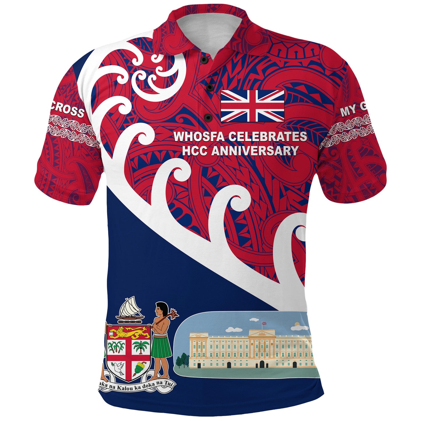 Whosfa Celebrates HCC Anniversary Fiji United Kingdom Polo Shirt Silver Fern Koru Vibes - Navy Blue