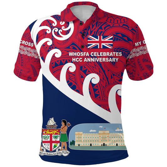 Whosfa Celebrates HCC Anniversary Fiji United Kingdom Polo Shirt Silver Fern Koru Vibes - Navy Blue