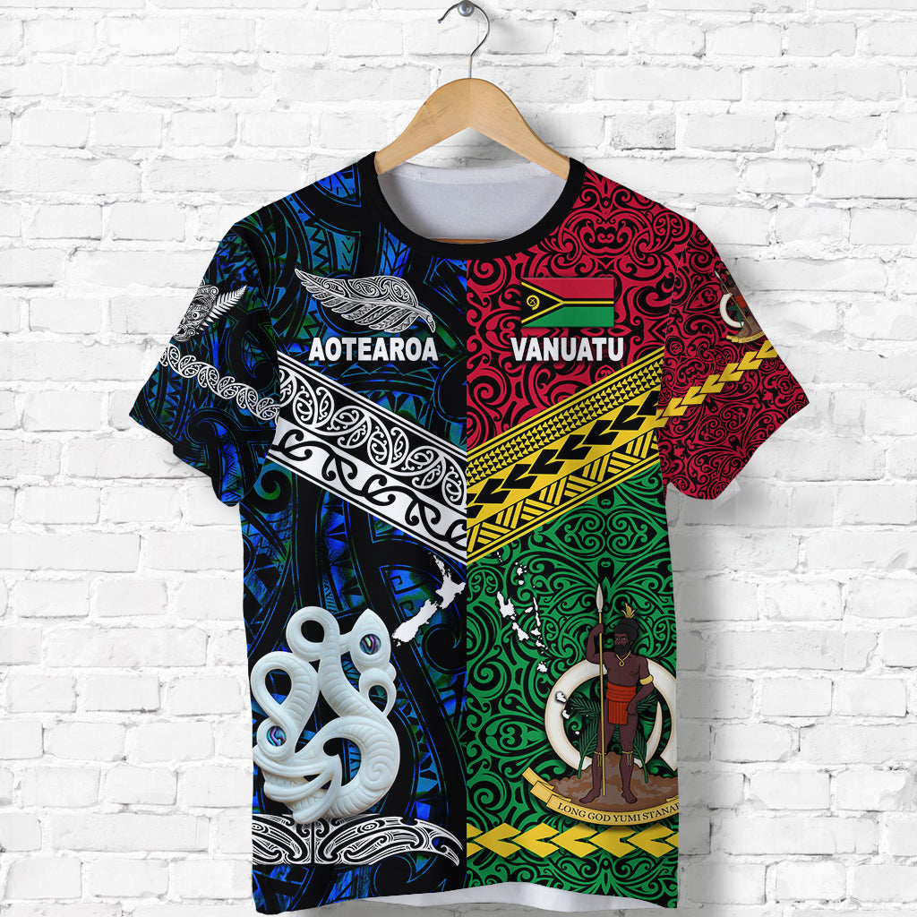Custom Personalised Vanuatu And New Zealand T Shirt Together - Blue, Custom Text And Number