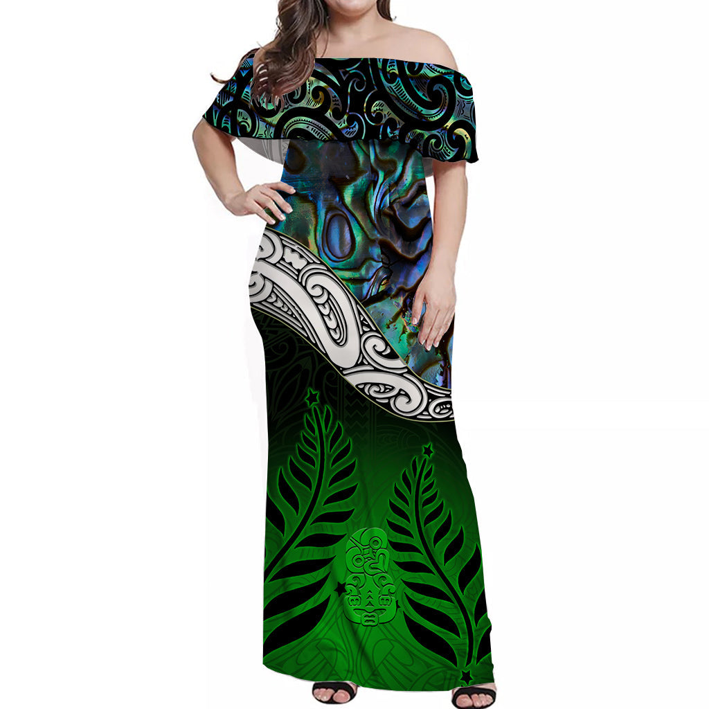 New Zealand Maori Off Shoulder Long Dress Manaia Paua Shell Glitter Green