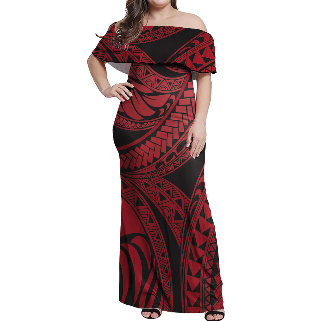 Polynesian Tribal Red Off Shoulder Long Dress For Her