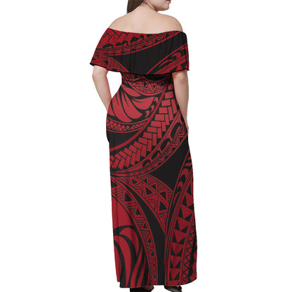 Polynesian Tribal Red Off Shoulder Long Dress For Her