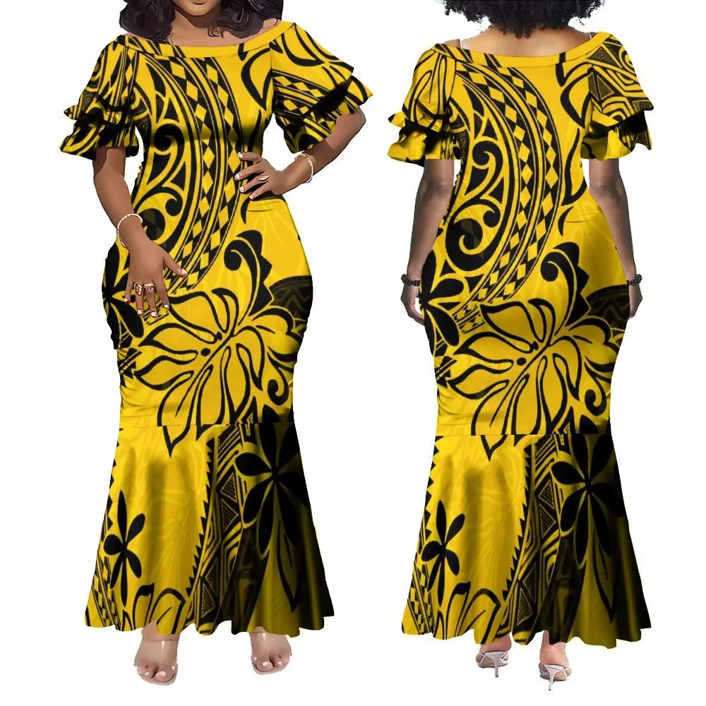 Polynesian Traditional Printed Island Leaf Yellow Fishtail Dress And Hawaiian Shirt Matching Outfit For Couple Set For Him Her
