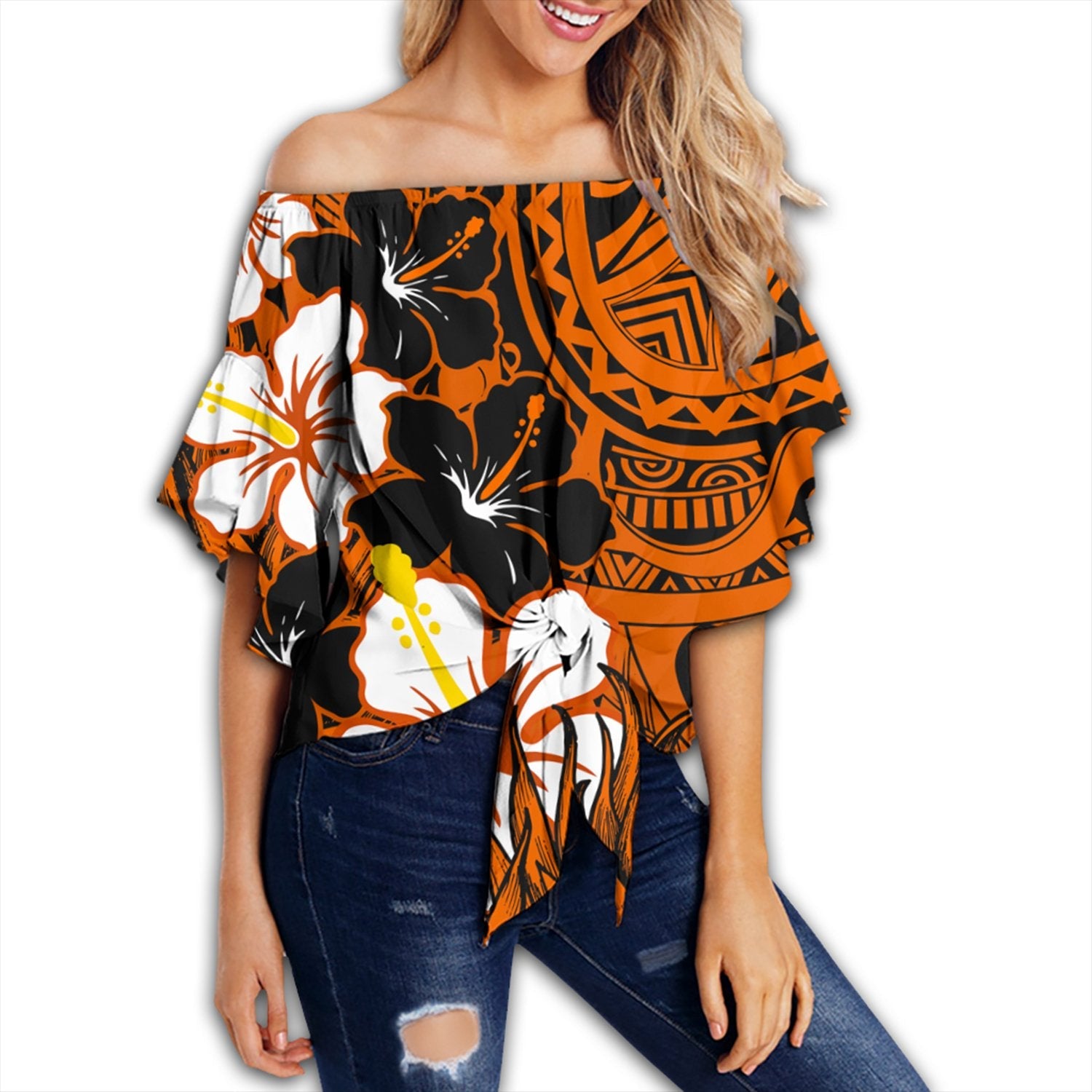 Hawaii - Black Noon Hibiscus Off Shoulder Waist Wrap Top AH
