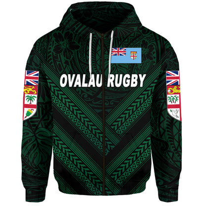 ( Personalised) Fiji Ovalau Rugby Zip Hoodie Dark Green Style, Text And Number