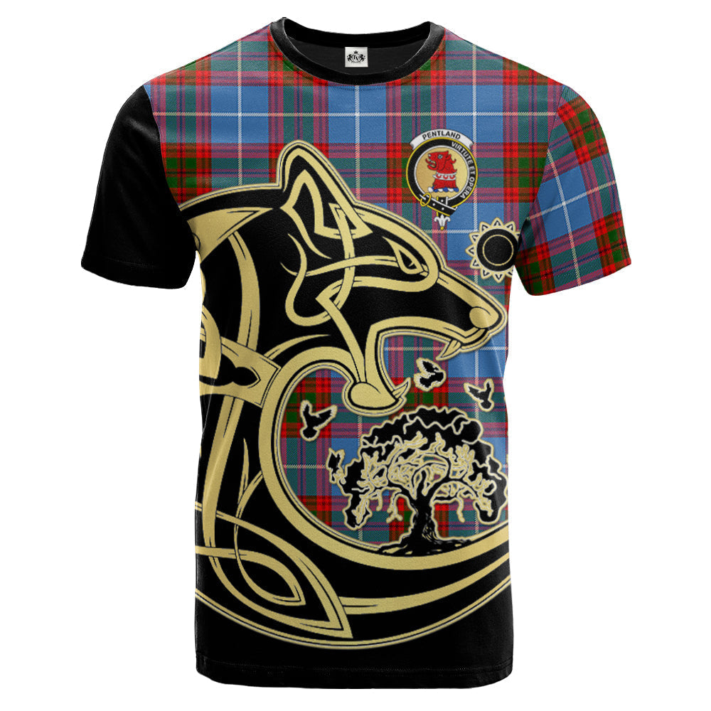 Printivon Pentland Crest Celtic Wolf Tartan T Shirt Custom Your Text