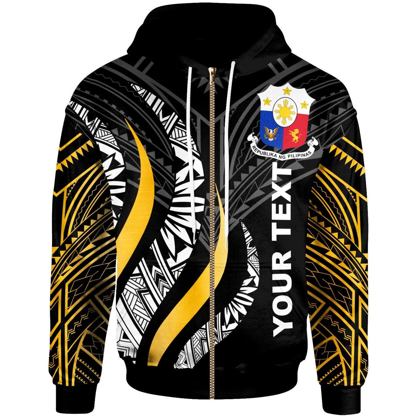 Custom Text Philippines Personalised Philippine Strong Fire Pattern Gold Zip Up Hoodie