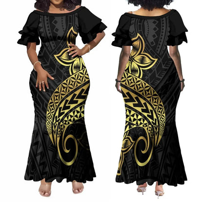 Polynesian Traditional Printed Island Flowers Fishtail Dress And Hawaiian Shirt Matching Outfit For Couple Set For Him Her