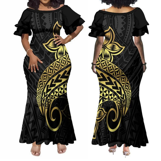 Polynesian Traditional Printed Island Flowers Fishtail Dress And Hawaiian Shirt Matching Outfit For Couple Set For Him Her