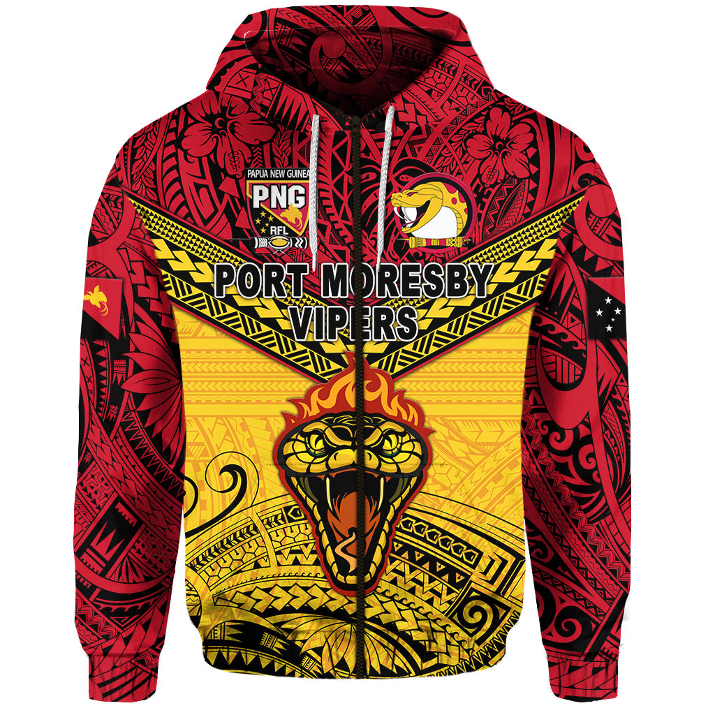( Personalised) Papua New Guinea Port Moresby Vipers Zip Hoodie Rugby Original Style Red, Text And Number