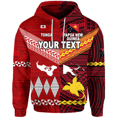 ( Personalised) Papua New Guinea And Tonga Hoodie Polynesian Together Bright Red