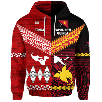 ( Personalised) Papua New Guinea And Tonga Hoodie Polynesian Together Red, Text And Number