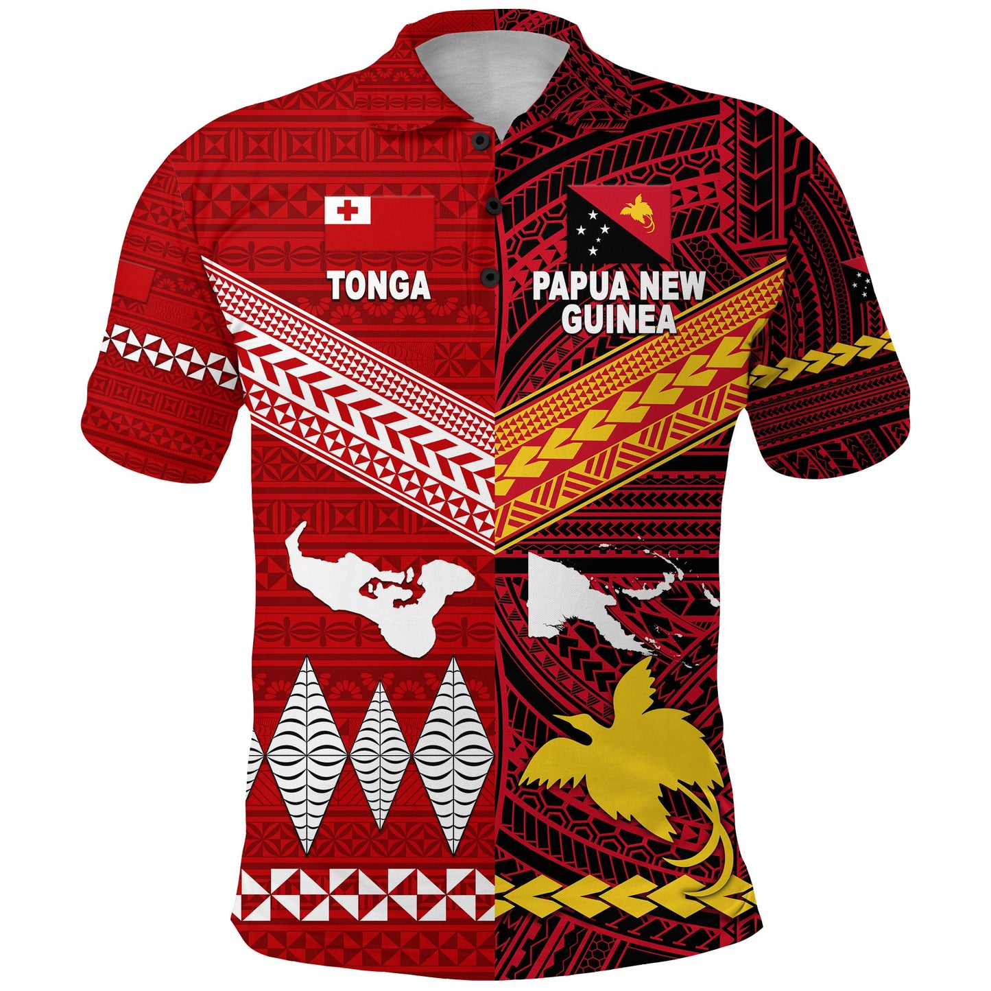 Custom Personalised Papua New Guinea And Tonga Polo Shirt Polynesian Together - Bright Red, Custom Text And Number
