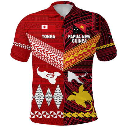 Custom Personalised Papua New Guinea And Tonga Polo Shirt Polynesian Together - Bright Red, Custom Text And Number