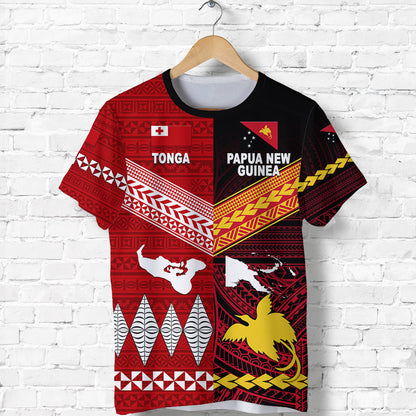 Custom Personalised Papua New Guinea And Tonga T Shirt Polynesian Together - Red, Custom Text And Number