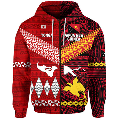 ( Personalised) Papua New Guinea And Tonga Zip Hoodie Polynesian Together Bright Red, Text And Number